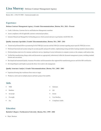 Defense Contract Management Agency Resume