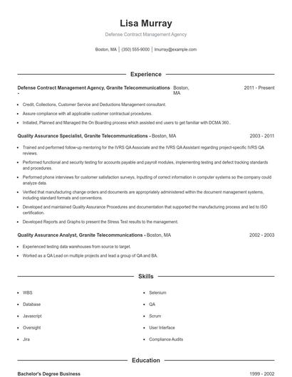 Defense Contract Management Agency Resume