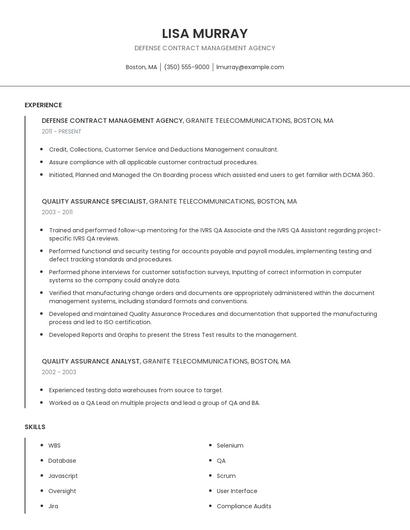 Defense Contract Management Agency Resume