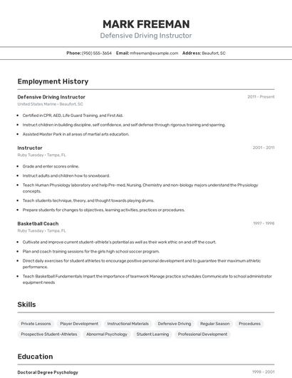 Defensive Driving Instructor Resume
