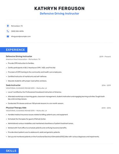 Defensive Driving Instructor Resume