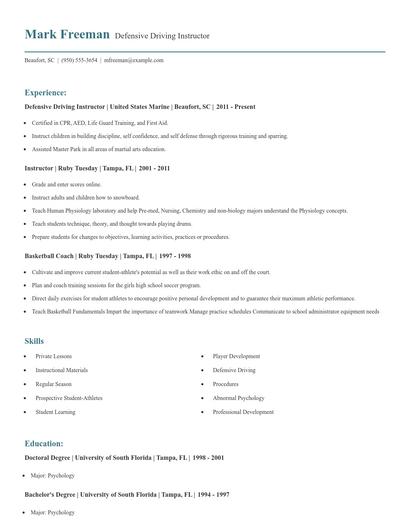 Defensive Driving Instructor Resume