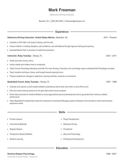 Defensive Driving Instructor Resume