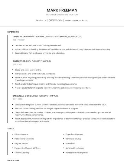 Defensive Driving Instructor Resume