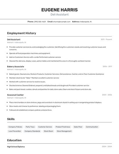 Deli Assistant Resume