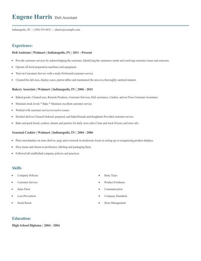 Deli Assistant Resume
