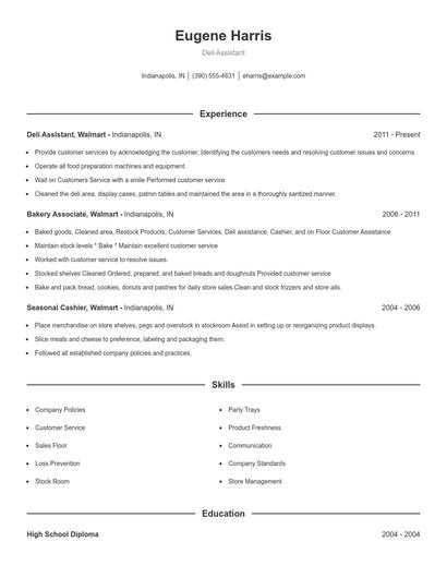 Deli Assistant Resume