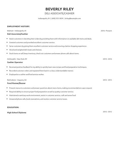 Deli Associate/Cashier Resume