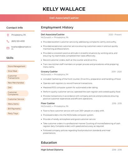 Deli Associate/Cashier Resume