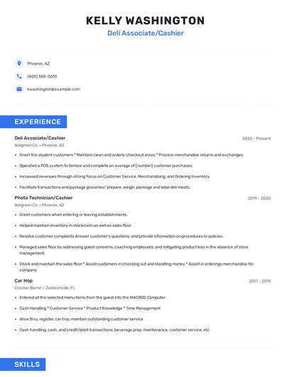 Deli Associate/Cashier Resume