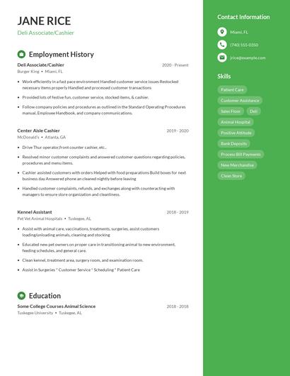 Deli Associate/Cashier Resume