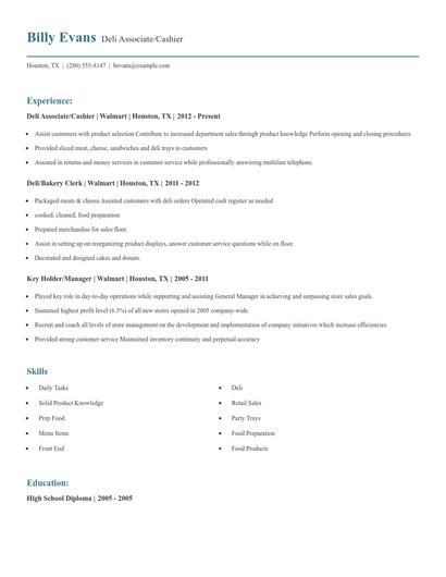 Deli Associate/Cashier Resume