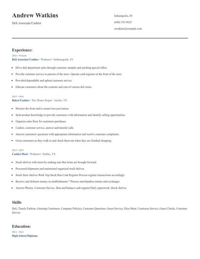 Deli Associate/Cashier Resume