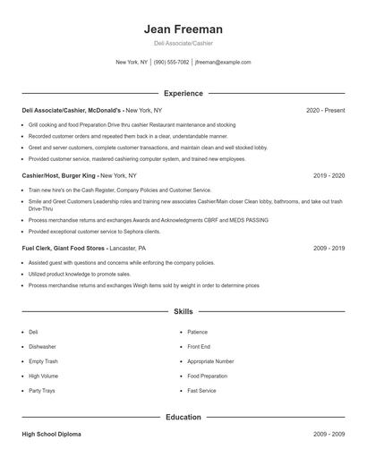 Deli Associate/Cashier Resume