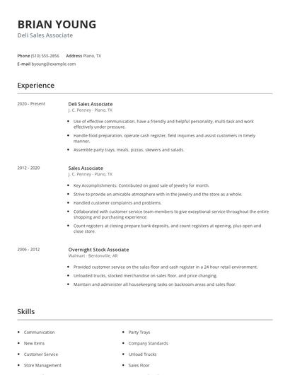 Deli Sales Associate Resume