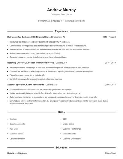 Delinquent Tax Collector Resume