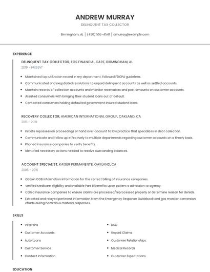 Delinquent Tax Collector Resume