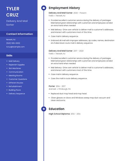 Delivery And Mail Sorter Resume