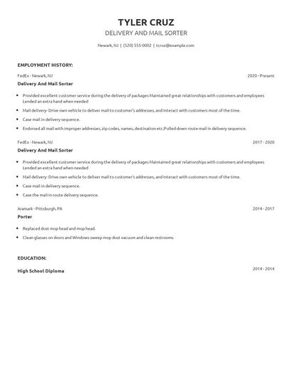 Delivery And Mail Sorter Resume