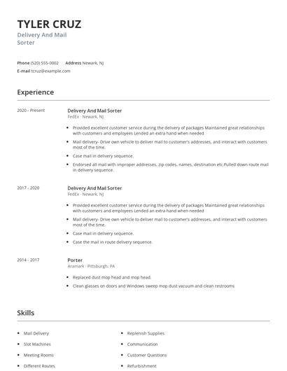 Delivery And Mail Sorter Resume