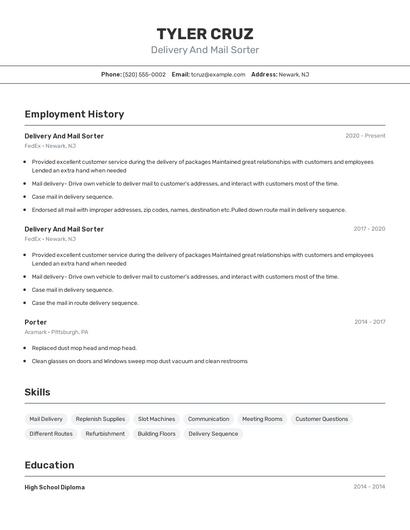 Delivery And Mail Sorter Resume