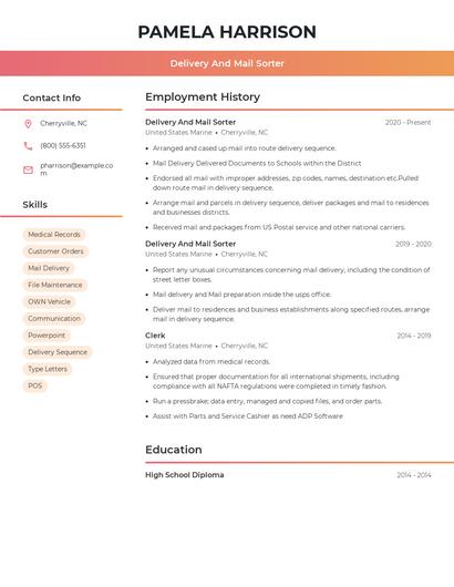 Delivery And Mail Sorter Resume