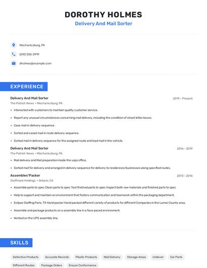 Delivery And Mail Sorter Resume