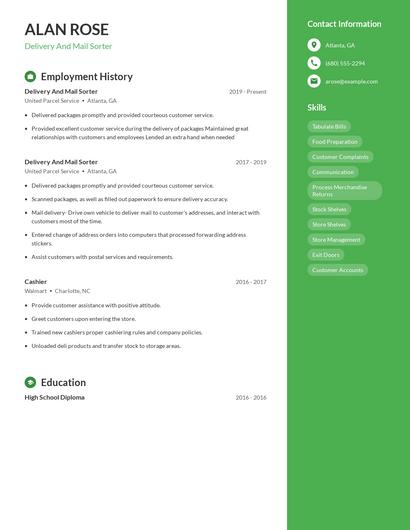 Delivery And Mail Sorter Resume