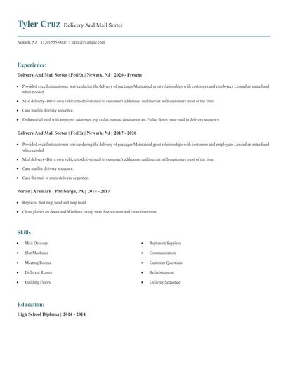 Delivery And Mail Sorter Resume