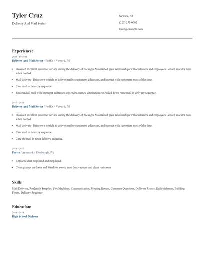 Delivery And Mail Sorter Resume