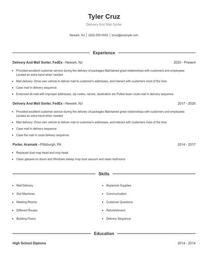 Delivery And Mail Sorter Resume