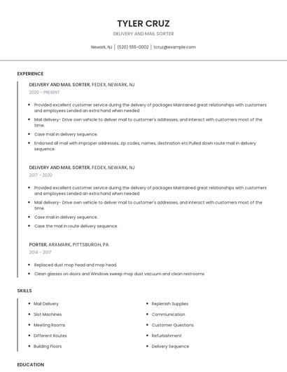 Delivery And Mail Sorter Resume