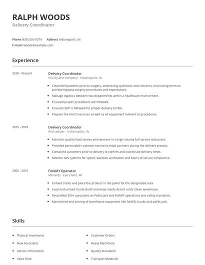 Delivery Coordinator Resume