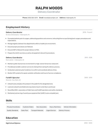 Delivery Coordinator Resume