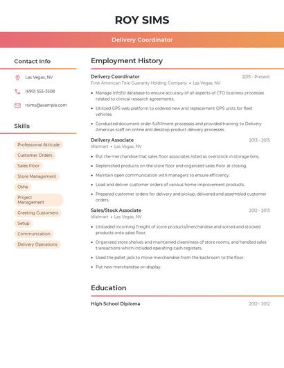 Delivery Coordinator Resume