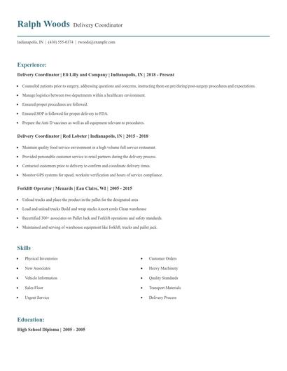 Delivery Coordinator Resume