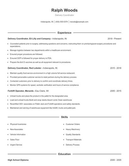 Delivery Coordinator Resume