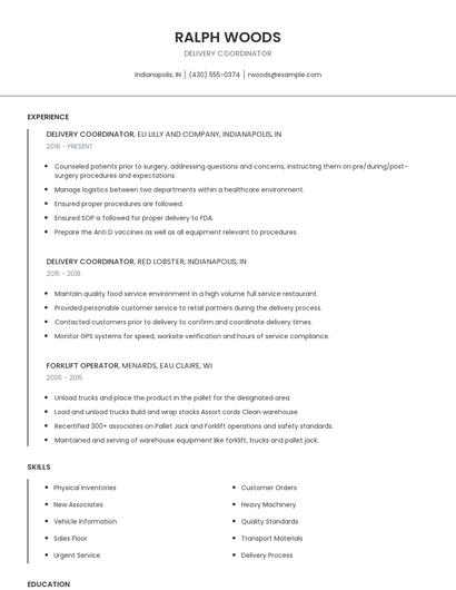 Delivery Coordinator Resume