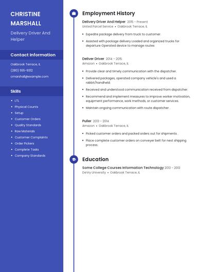 Delivery Driver And Helper Resume