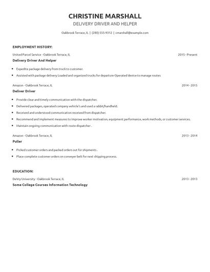 Delivery Driver And Helper Resume