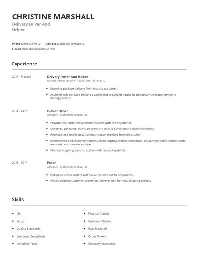 Delivery Driver And Helper Resume