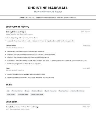 Delivery Driver And Helper Resume