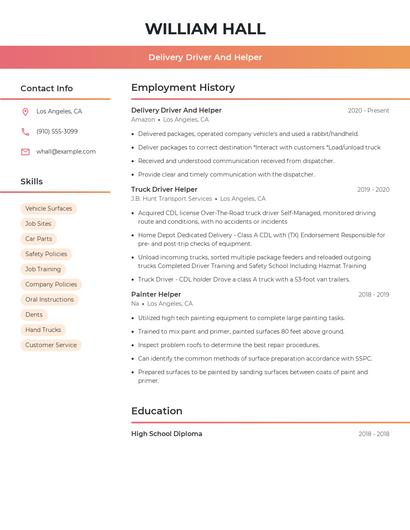Delivery Driver And Helper Resume