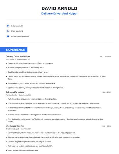Delivery Driver And Helper Resume