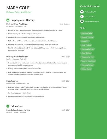 Delivery Driver And Helper Resume