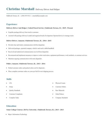 Delivery Driver And Helper Resume