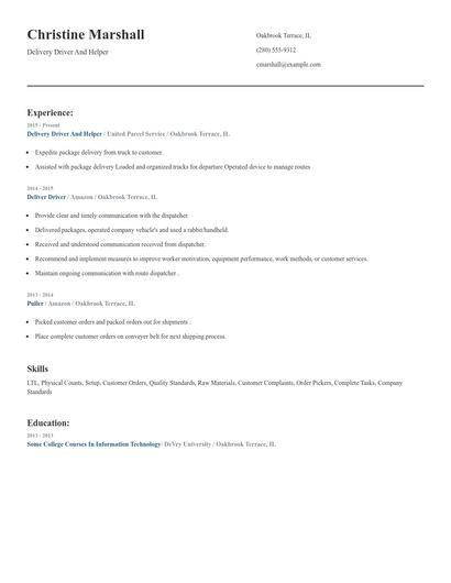 Delivery Driver And Helper Resume