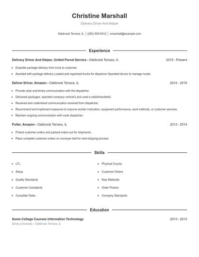 Delivery Driver And Helper Resume