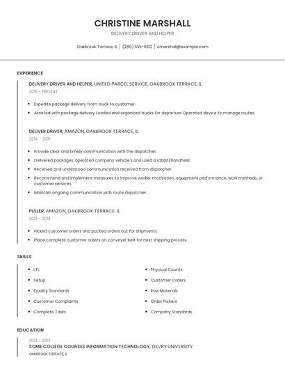 Delivery Driver And Helper Resume