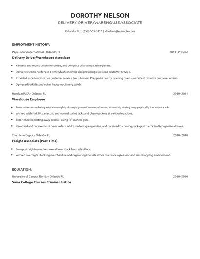 Delivery Driver/Warehouse Associate Resume
